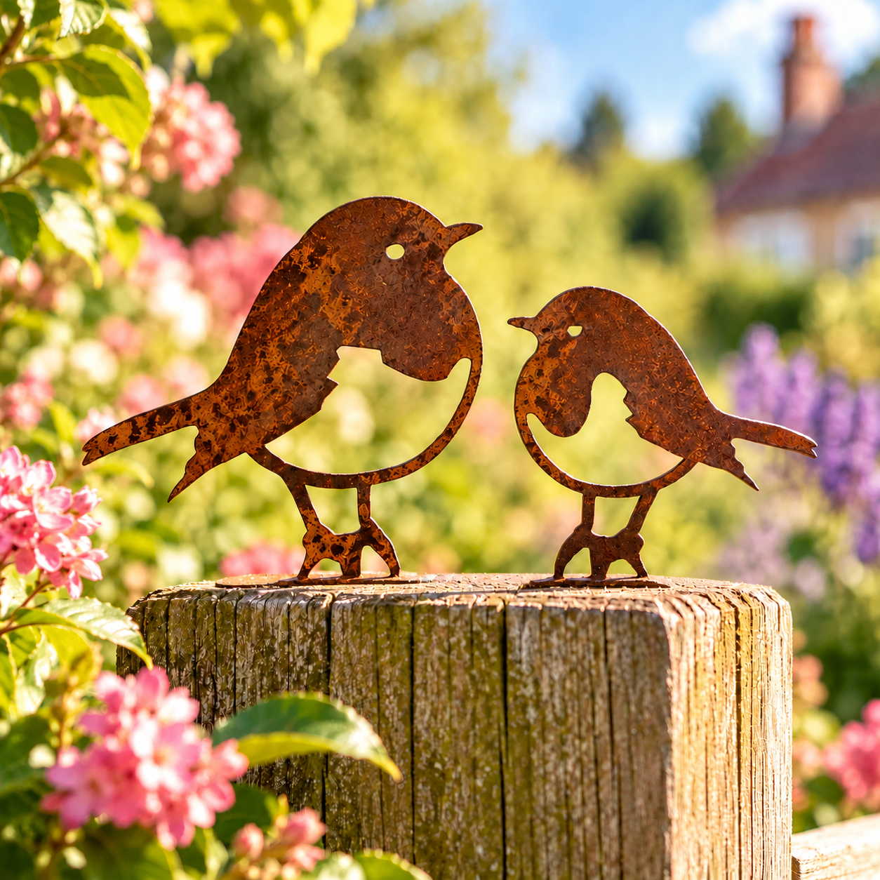 Robin and Baby Chick metal fence post topper with a natural rusty finish, displayed in a colourful cottage garden.