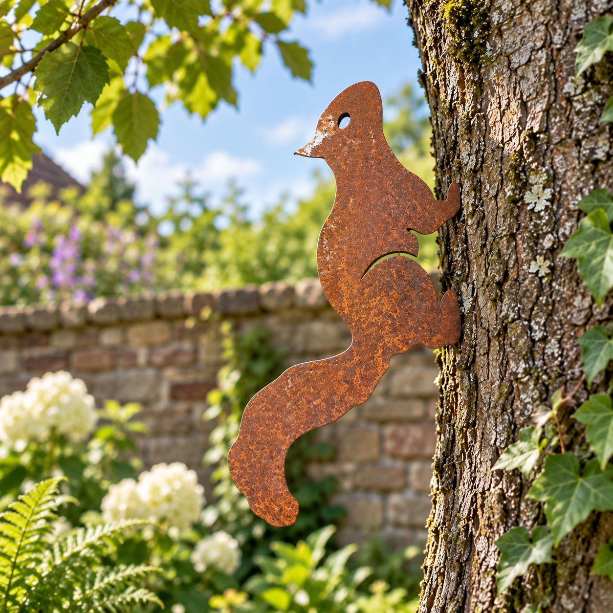 Rusty Red Squirrel metal garden art tree 3.png