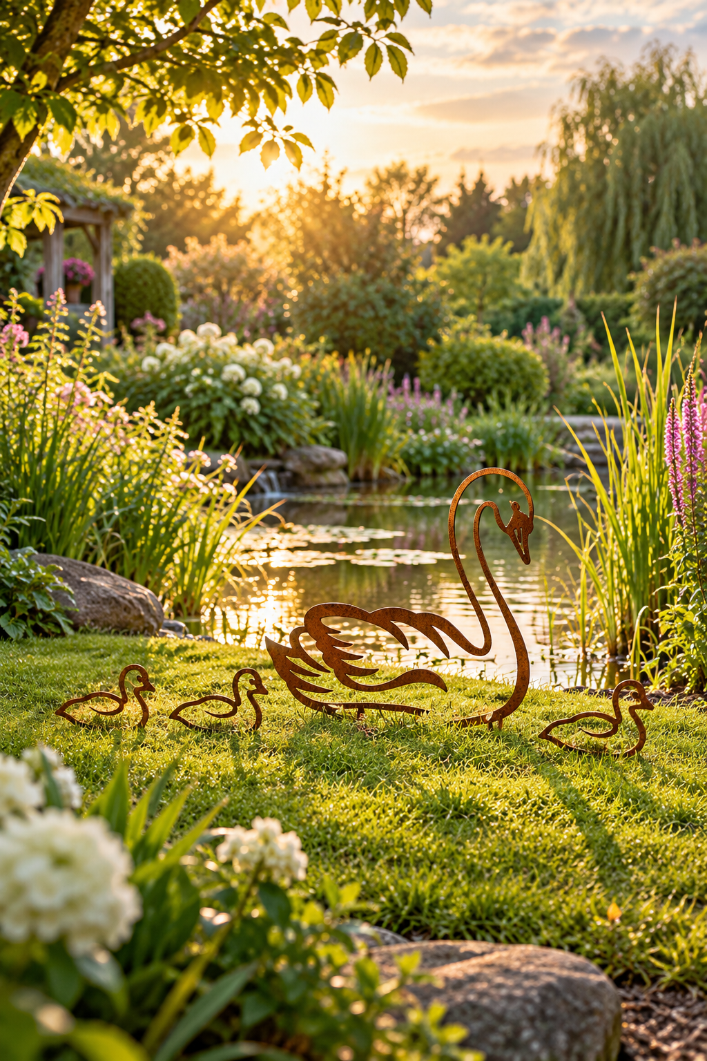 Swan Family Metal Garden Ornament with Baby Cygnets