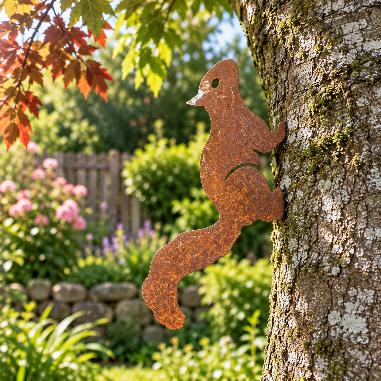 Rusty Red Squirrel metal garden art tree 2.png