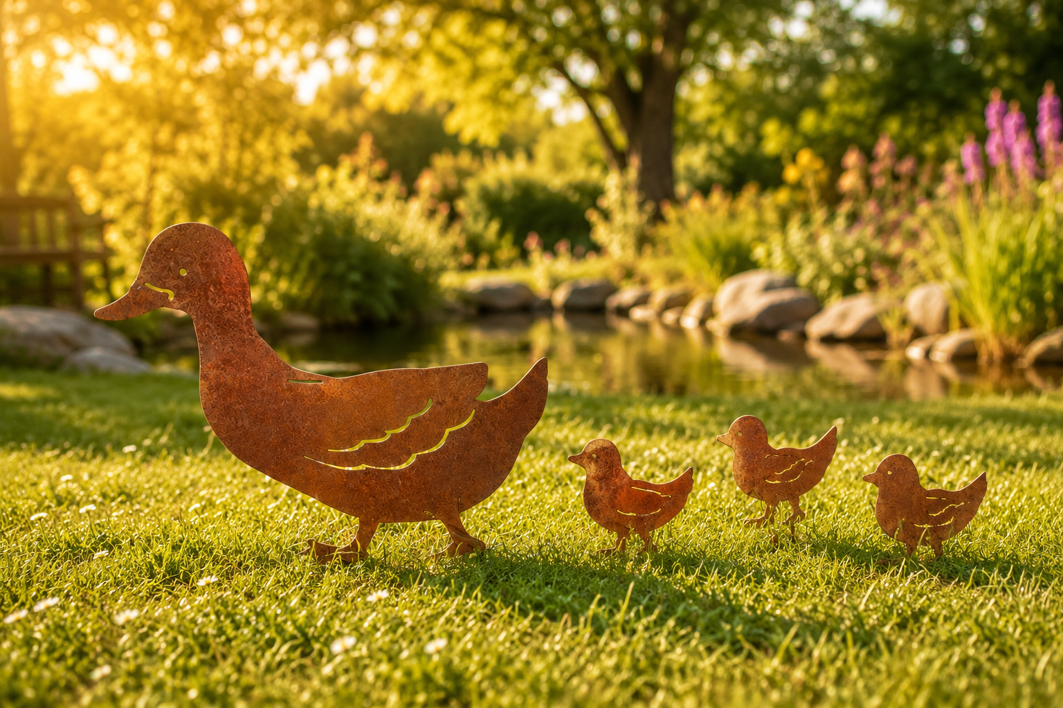 Rusty Duck Family Silhouette Metal Bird Garden Art