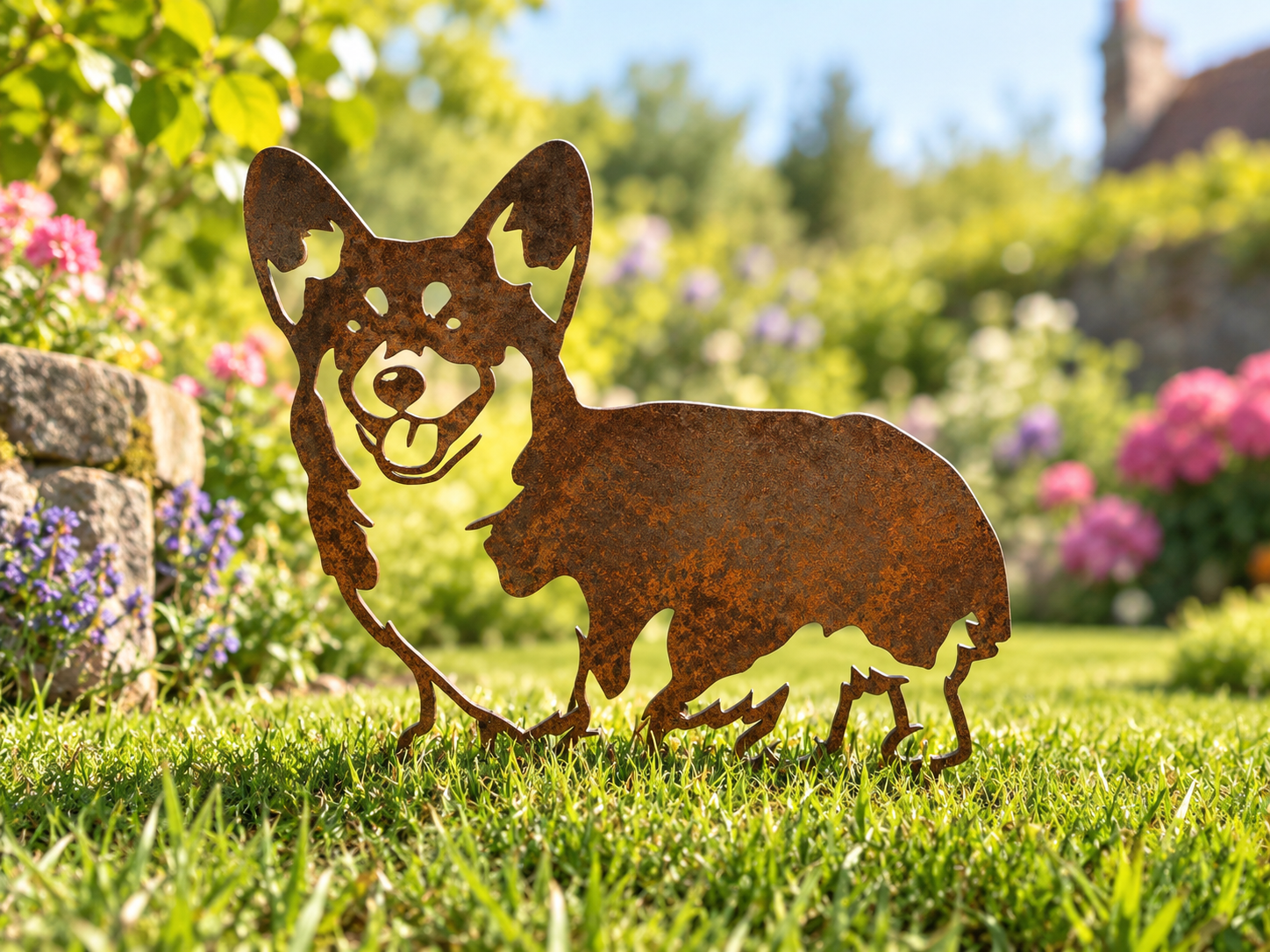 Pembroke Welsh Corgi metal dog garden art with a rustic steel finish, standing in a bright colourful cottage garden.