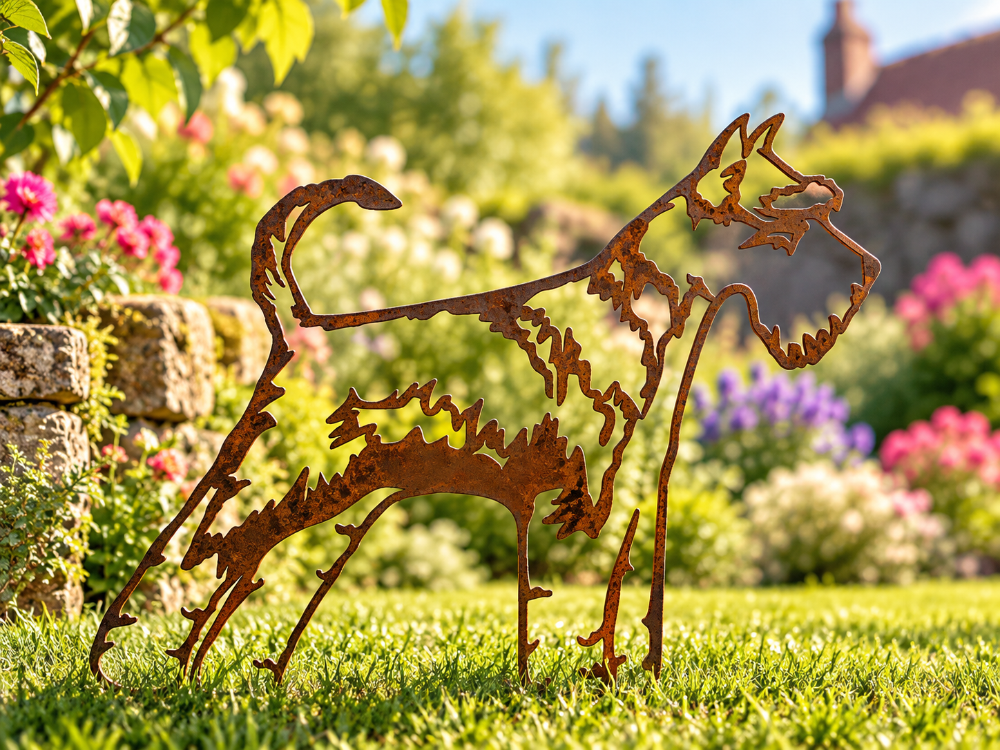 Schnauzer metal dog garden art with a rustic steel patina, standing in a bright cottage garden with colourful flowers.