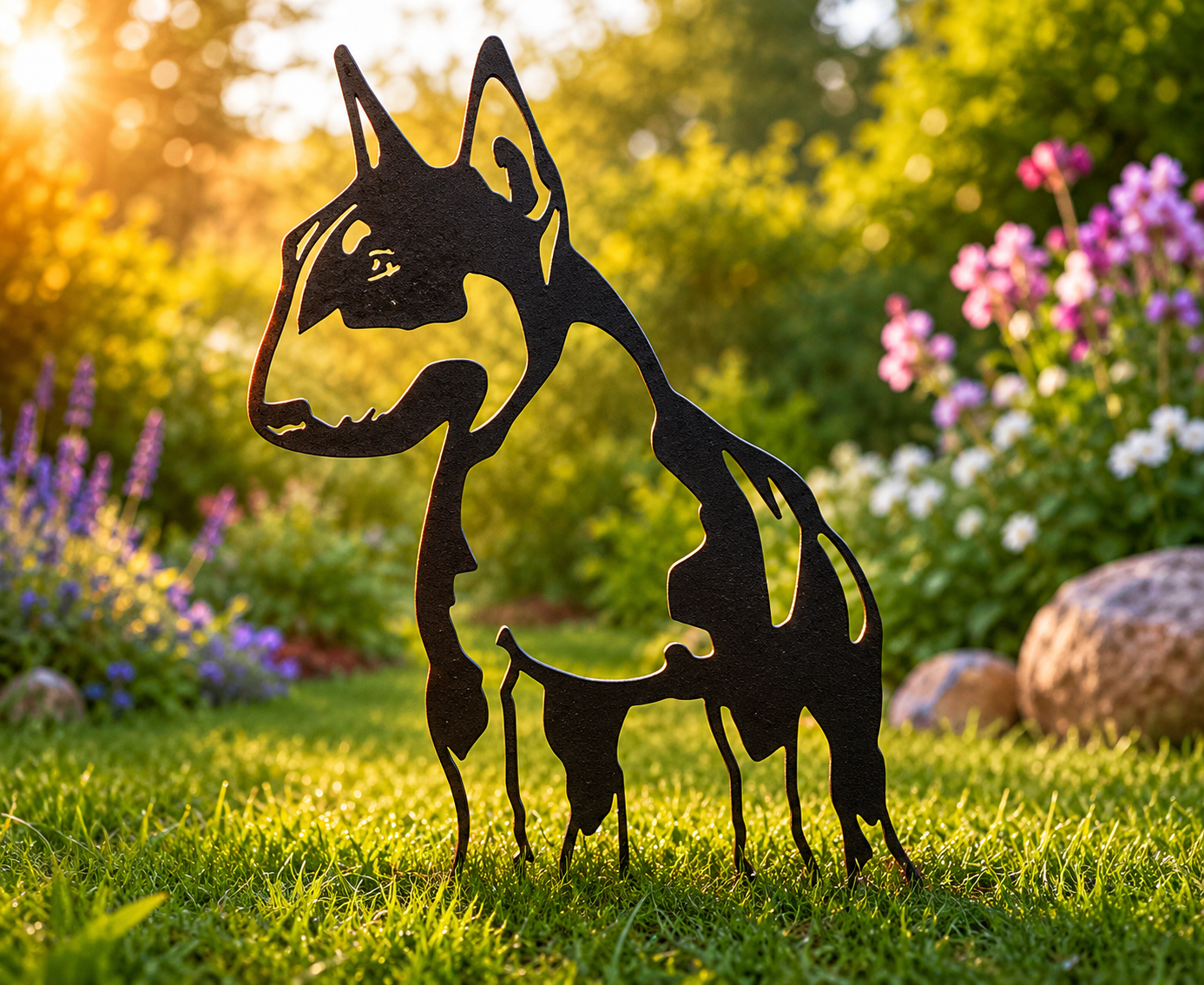 English Bull Terrier metal dog garden art silhouette in a sunlit garden, UK-made steel outdoor ornament with rustic charm.
