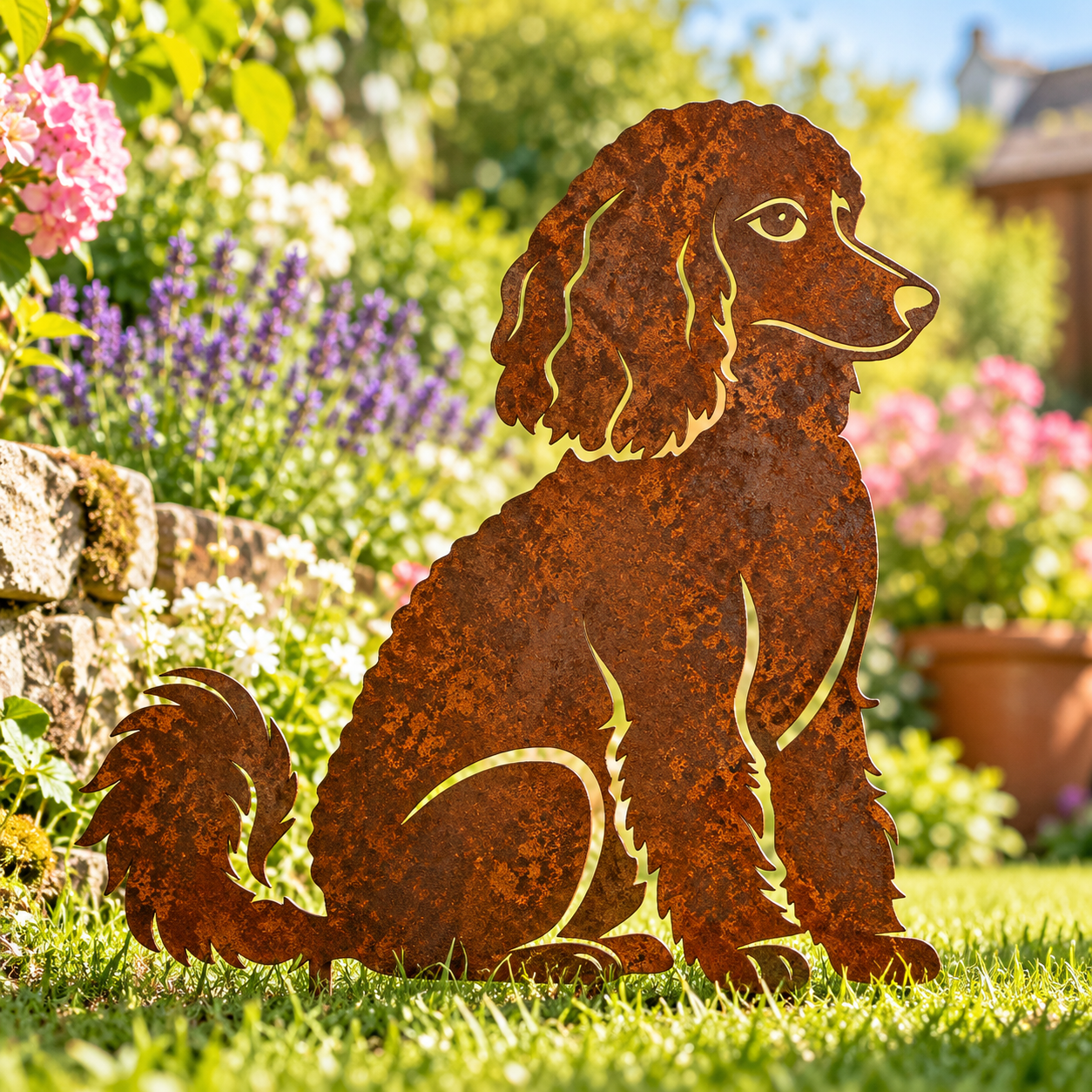 Sitting Poodle metal dog garden art with a rustic patina, displayed in a bright cottage garden with colourful flowers.