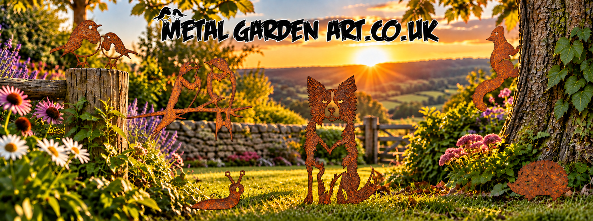 UK-made rustic metal garden art displayed in a colourful country garden, featuring metal birds, dog, red squirrel, hedgehog and snail silhouettes in naturally weathered steel.