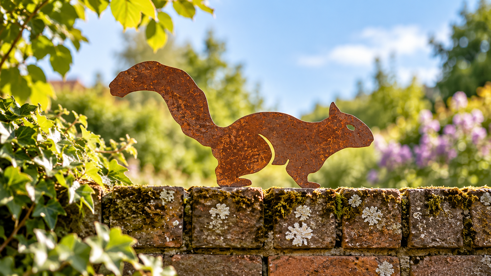 Rusty red squirrel metal garden ornament running along a mossy brick wall, surrounded by green foliage and flowers in a sunny garden.