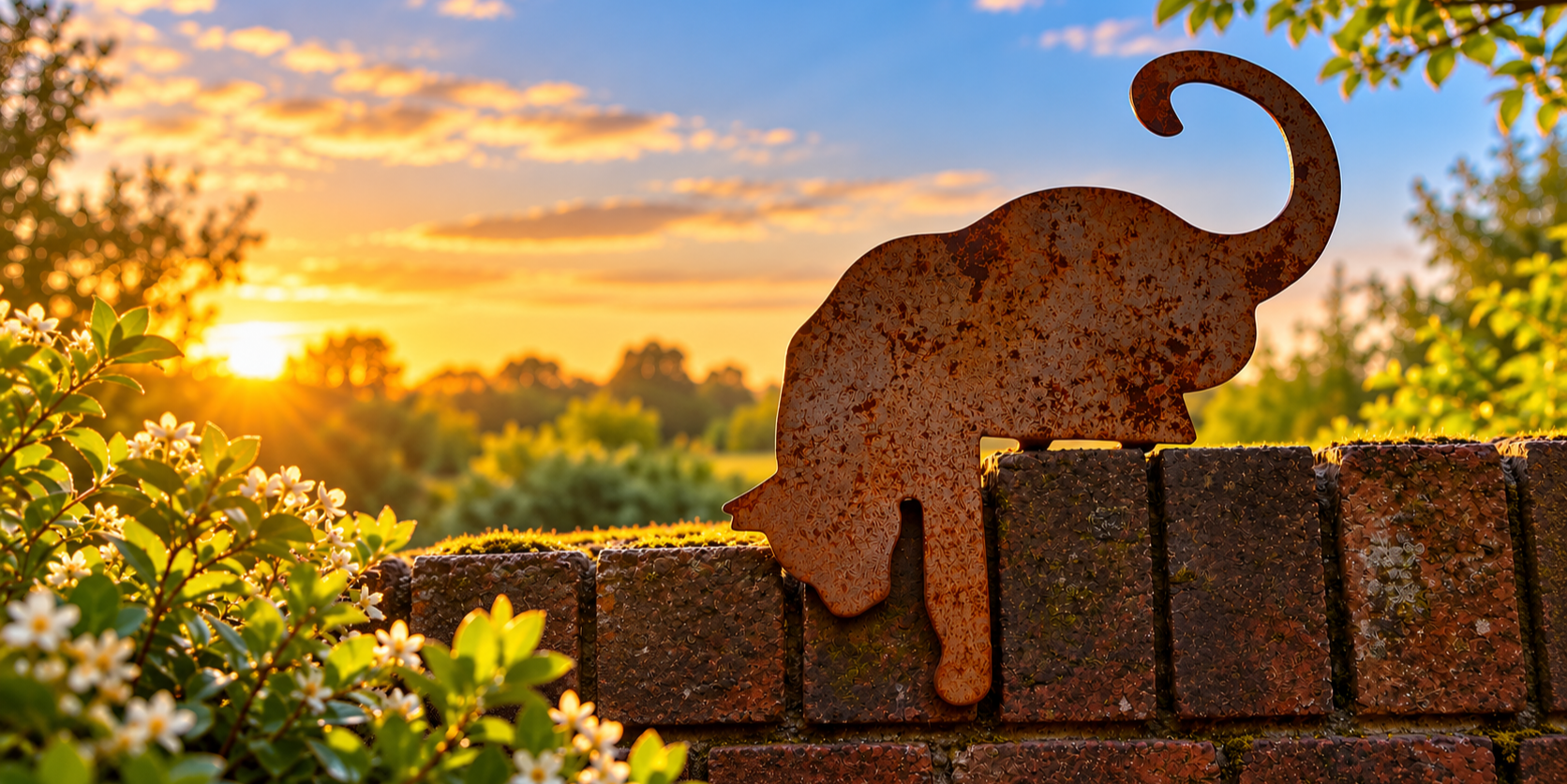 Rustic metal cat garden ornament perched over a brick wall in a colourful garden at sunset, UK-made from steel with a naturally weathered finish.