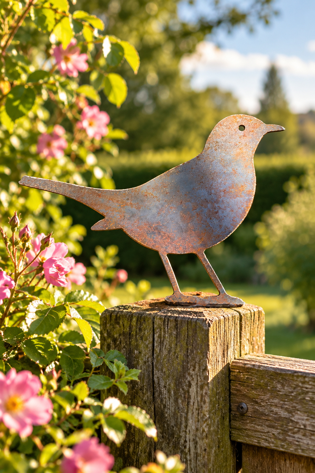 Rusty metal blackbird fence post topper displayed on a wooden garden post beside pink flowers
