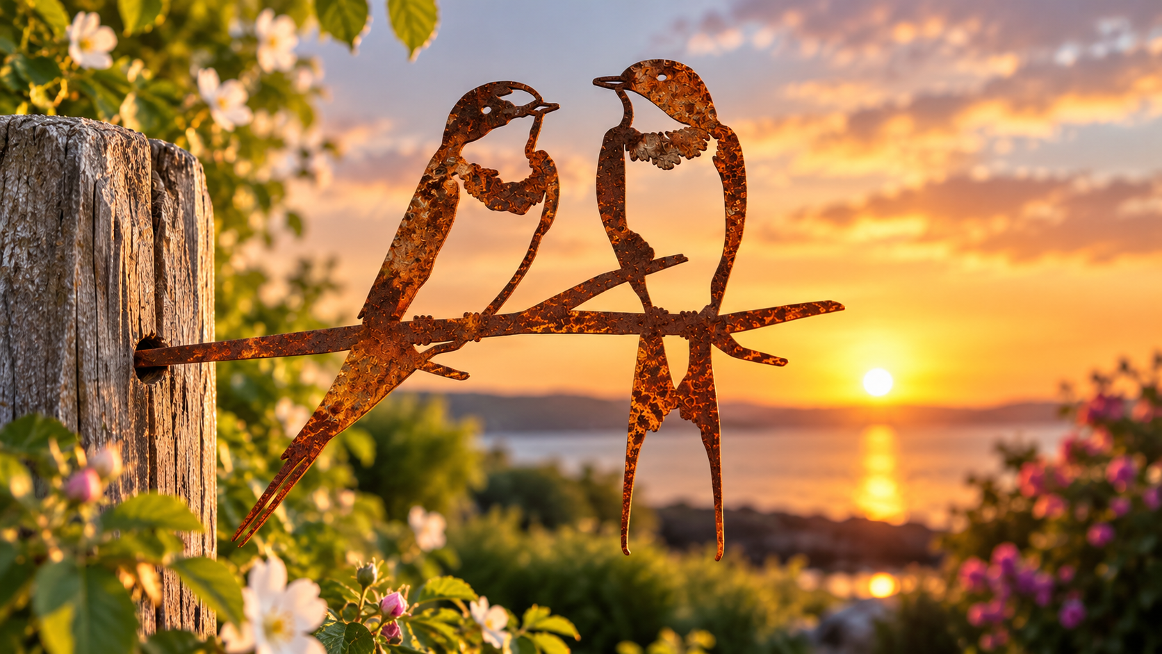 Rustic metal Swallows Couple bird spike displayed in garden timber at sunset, UK-made from 3mm steel and hand-finished in Lancashire.