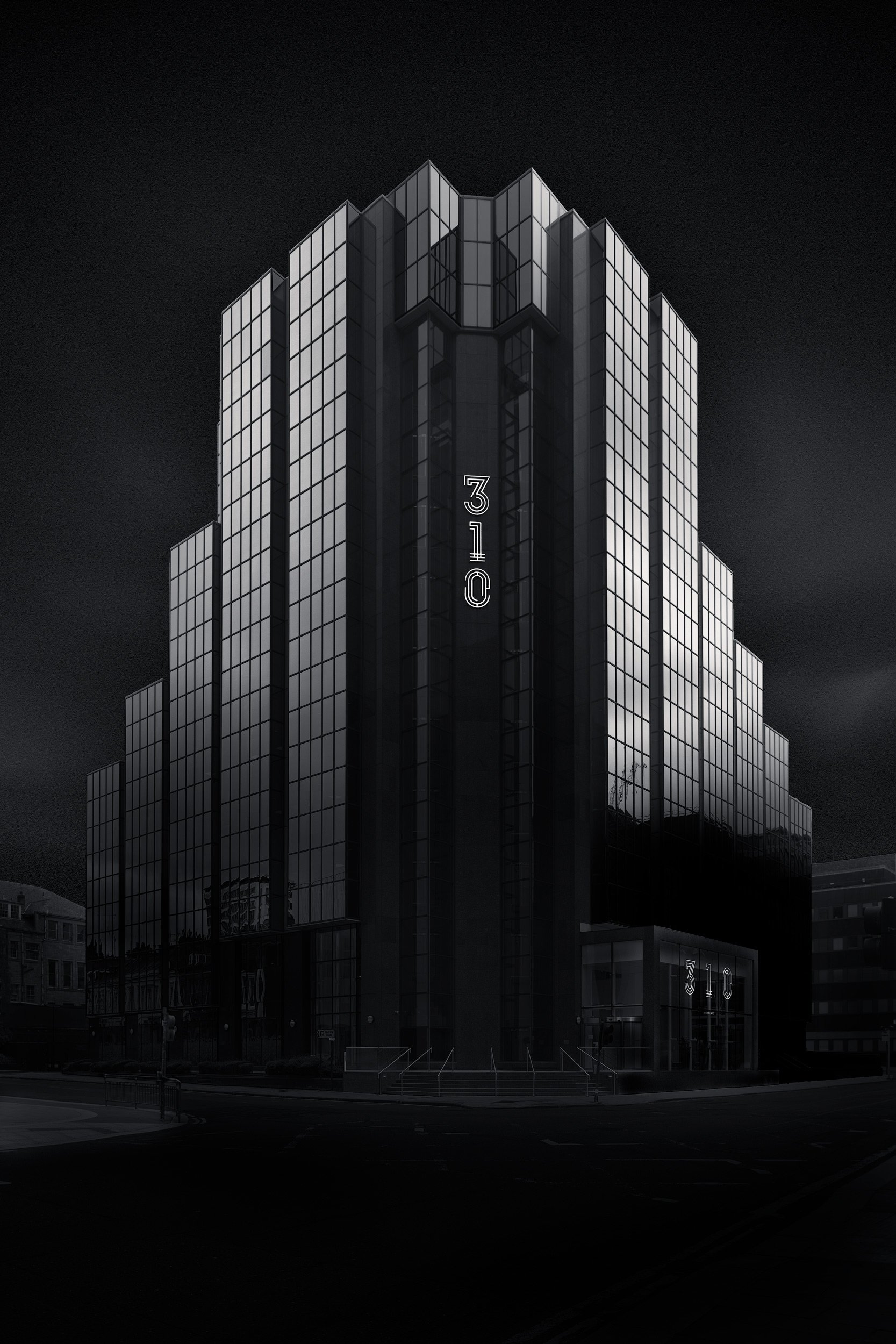 [architecture] [uk] [glasgow] [blackandwhite] 310 St Vincent Street Glasgow, stepped glass facade office tower with striking with bold geometric form and prominence. Architectural Photography by Jim Scott.