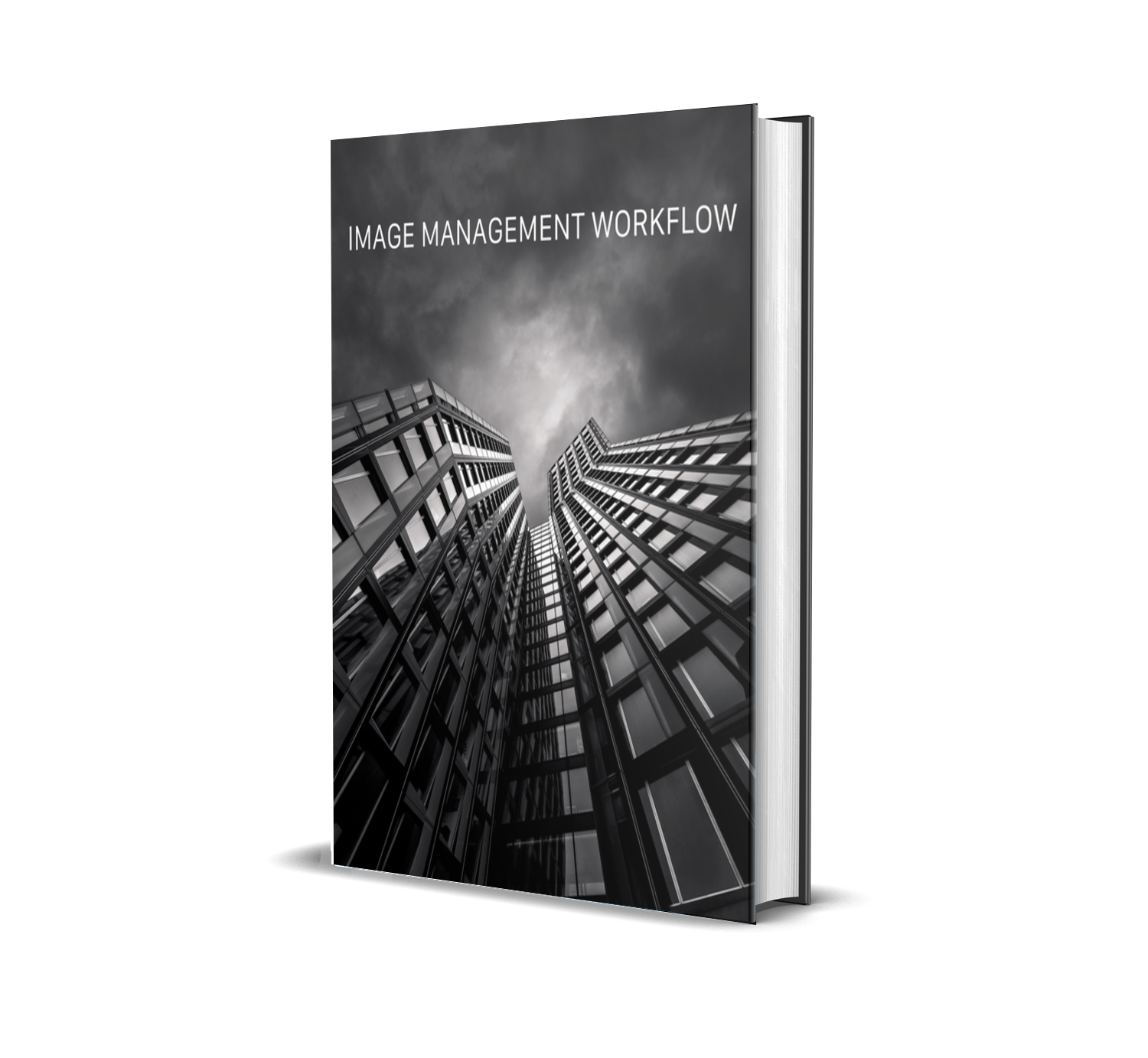 A black and white 3D rendering of a book titled 'Image Management Workflow' standing upright, with a high-rise building and cloudy sky on the cover.