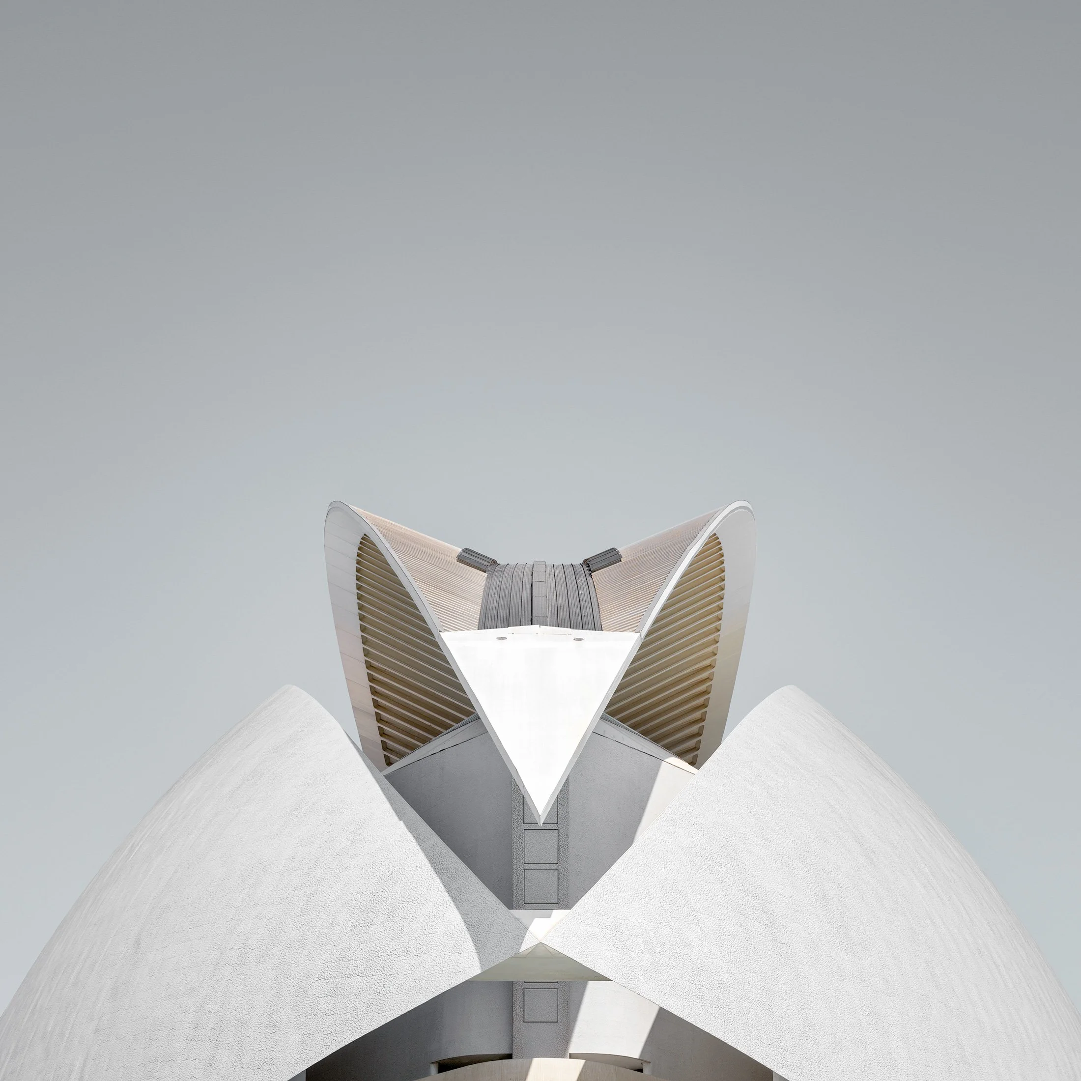 Contemporary sculptural architecture in Valencia, Spain: A minimalist, high-key study of the Palau de les Arts Reina Sofía, designed by Santiago Calatrava. This symmetrical photograph captures the intersection of the building’s sweeping white concret