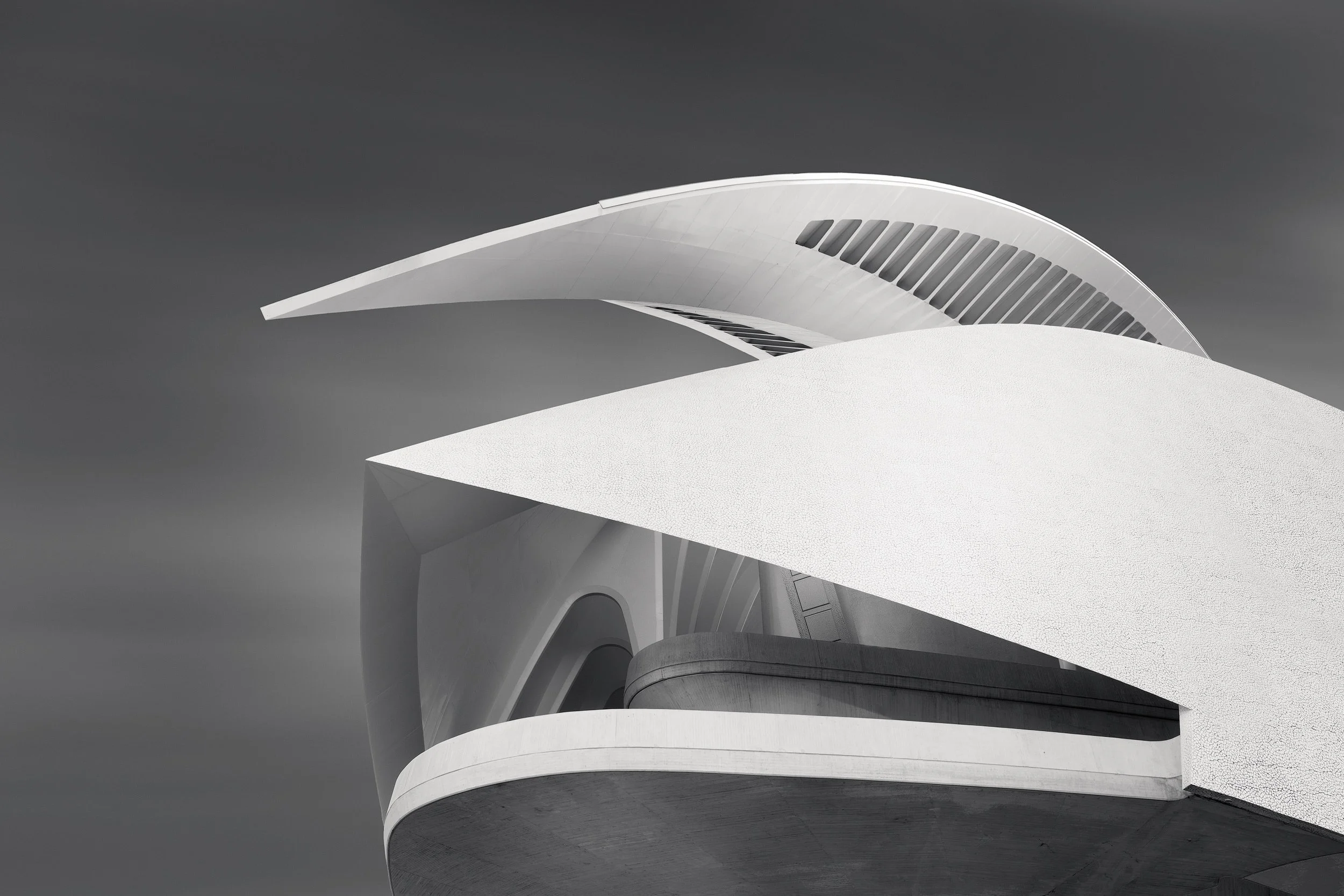 [architecture] [europe] [valencia] [blackandwhite] Palau de les Arts Valencia from the side, sweeping crescent roofline and curved shell base under a cool pale grey sky. Architectural Photography by Jim Scott.