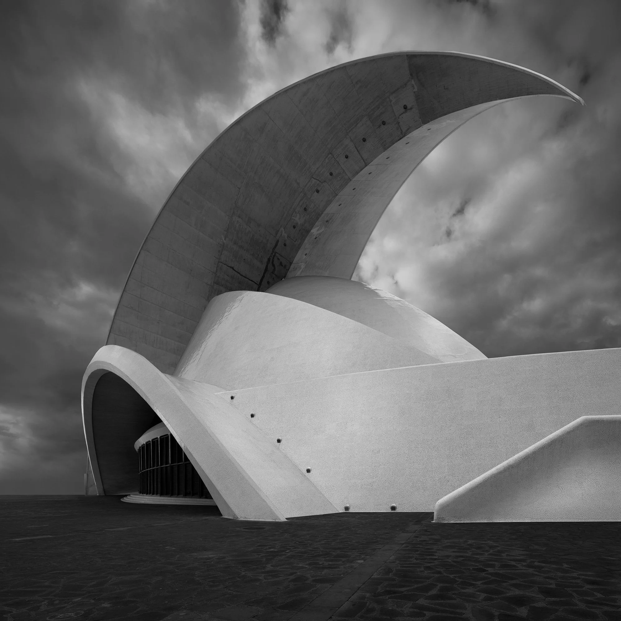 Expressionist architecture in Tenerife, Spain: The Auditorio de Tenerife Adán Martín, designed by Santiago Calatrava. A dramatic black and white architectural photograph capturing the iconic sweeping concrete wing and organic curves of the Santa Cruz