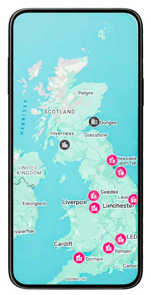 Map of Scotland showing various cities and landmarks, including Liverpool, Liverpool, and several locations marked with pink icons representing real estate or property listings.