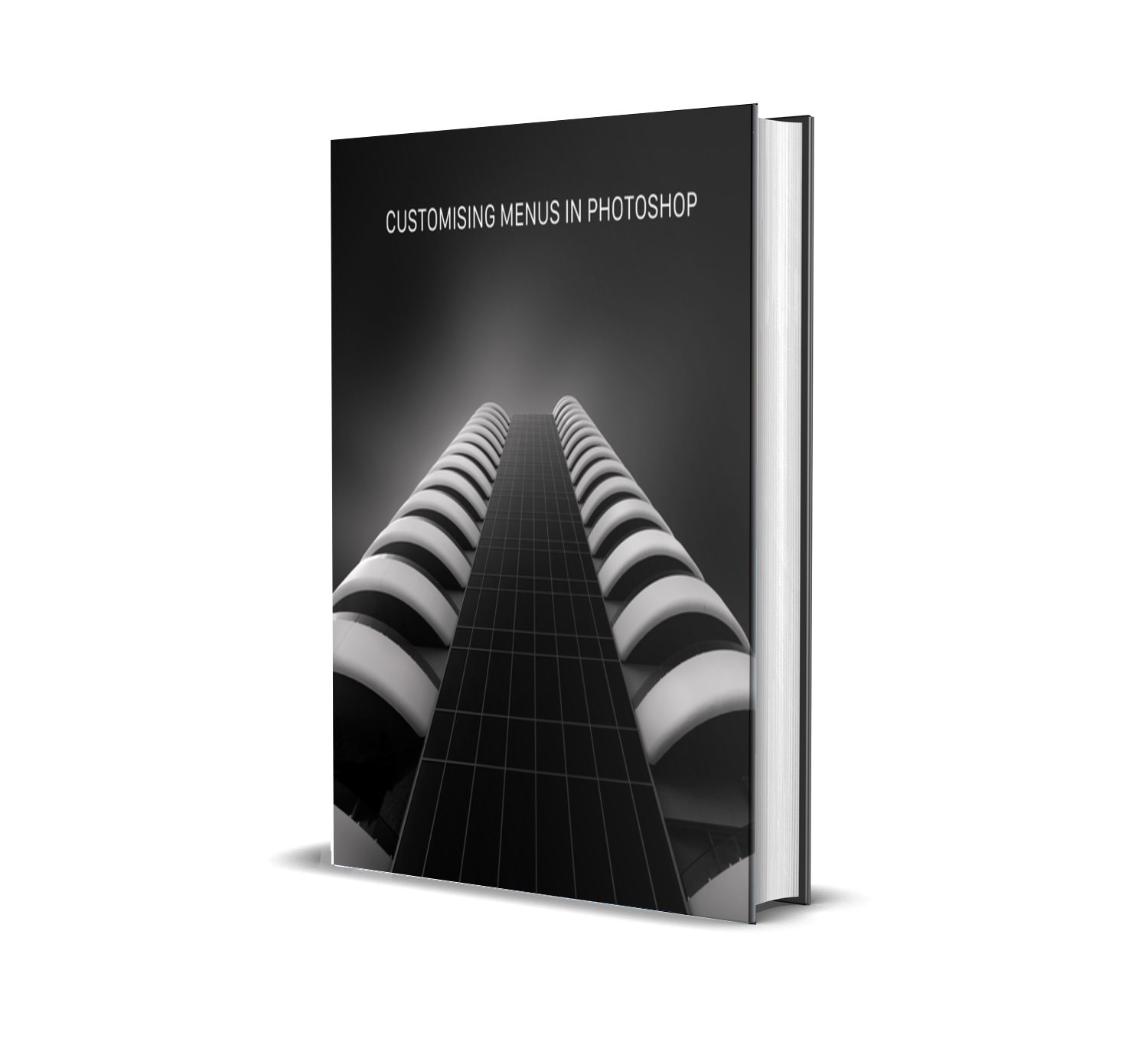 Black and white book cover titled "Customising Menus in Photoshop" with an abstract graphic design of a futuristic corridor