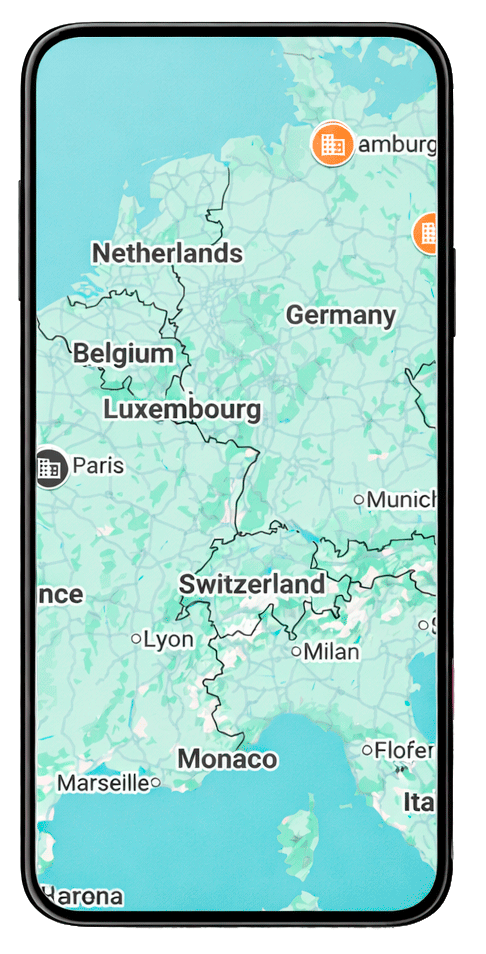 A map showing parts of Europe, including Netherlands, Belgium, Luxembourg, Germany, Switzerland, Monaco, France, and Italy, with city labels and icons indicating locations.