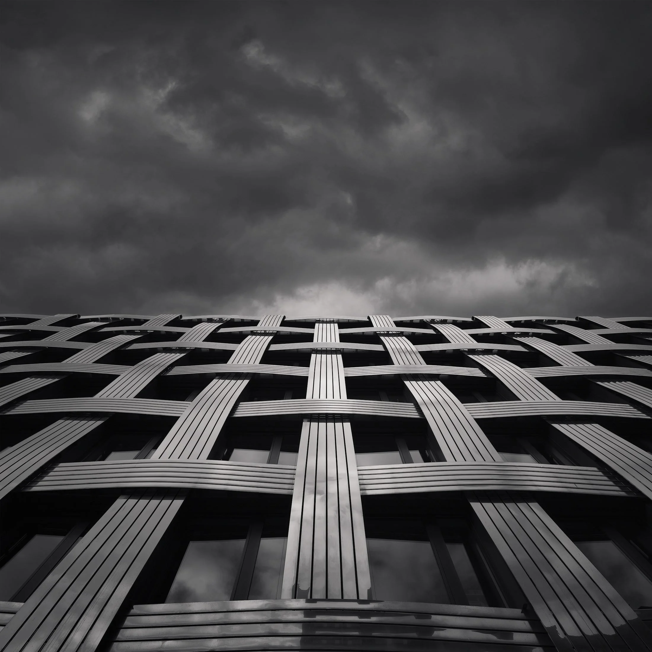 [architecture] [europe] [hamburg] [blackandwhite] [square] Woven aluminium facade in Hammerbrook Hamburg from below, interlaced curved ribbon panels forming a basket-weave grid. Architectural Photography by Jim Scott.