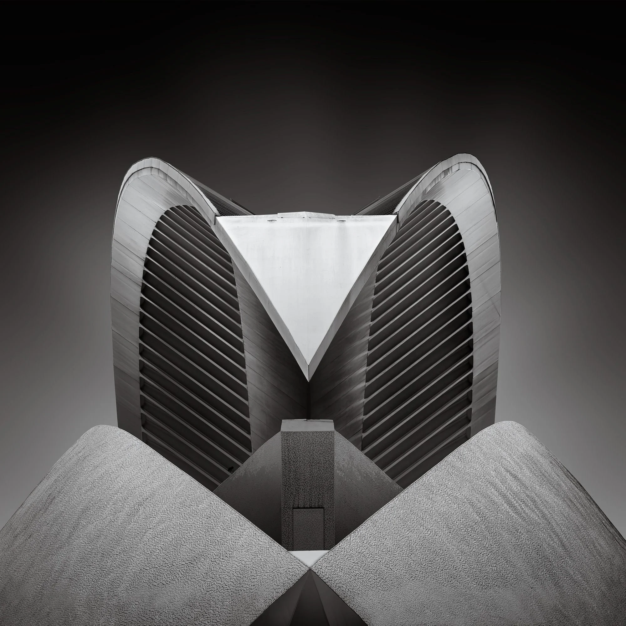 [architecture] [europe] [valencia] [blackandwhite] [square] Palau de les Arts Valencia crown abstract, two curved ribbed shells forming a perfect symmetrical V against a dark sky. Architectural Photography by Jim Scott.