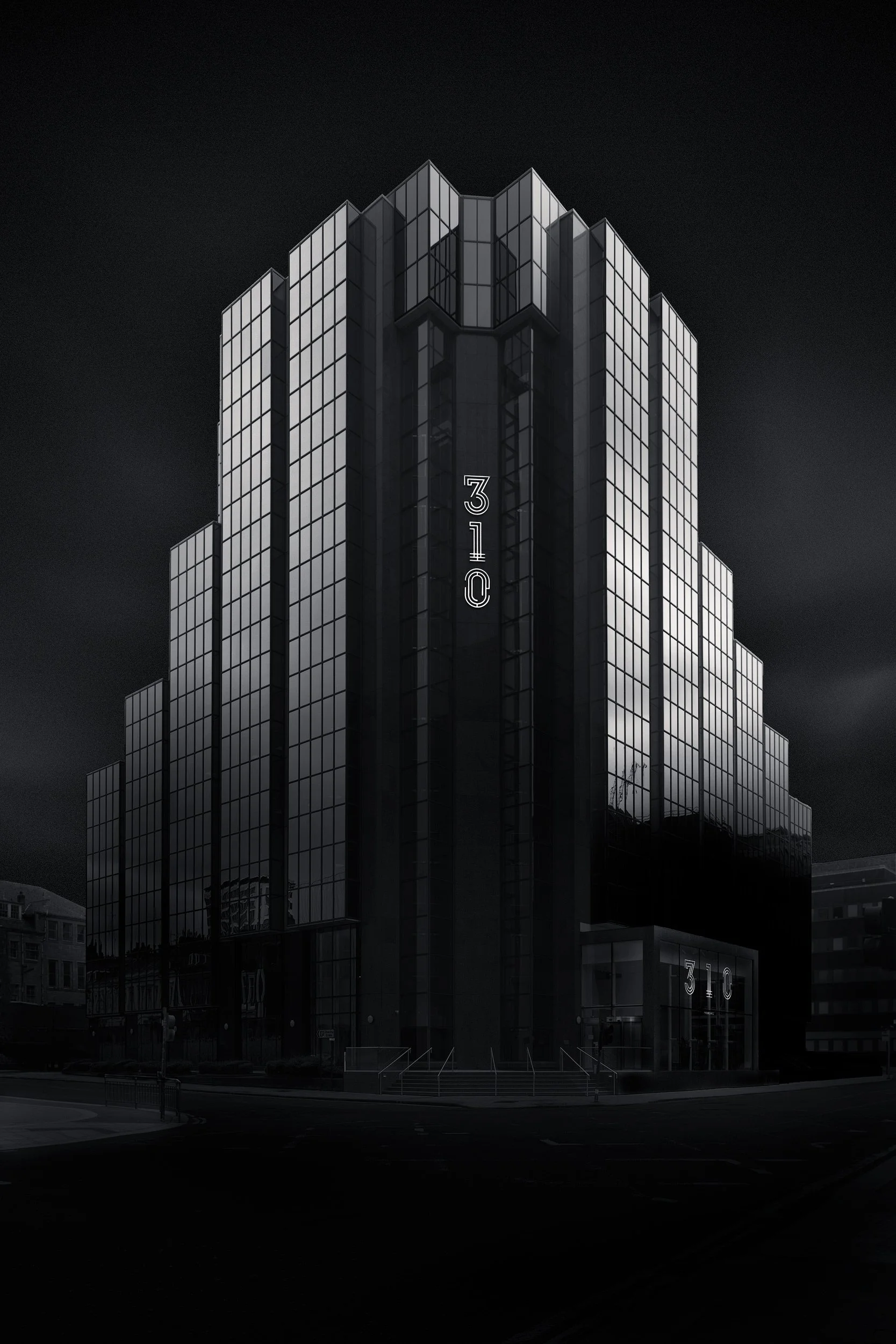 Contemporary office architecture in Glasgow: The landmark 310 St Vincent Street building (formerly Heron House) in the city centre. A moody black and white architectural study of the tiered glass facade and glowing neon signage against a dark, atmosp