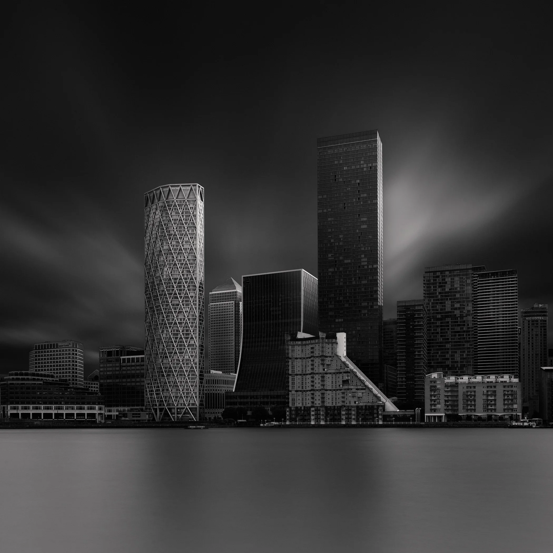 Black and white architectural photograph of Canary Wharf, London, by Jim Scott, award-winning architectural photographer based in Scotland