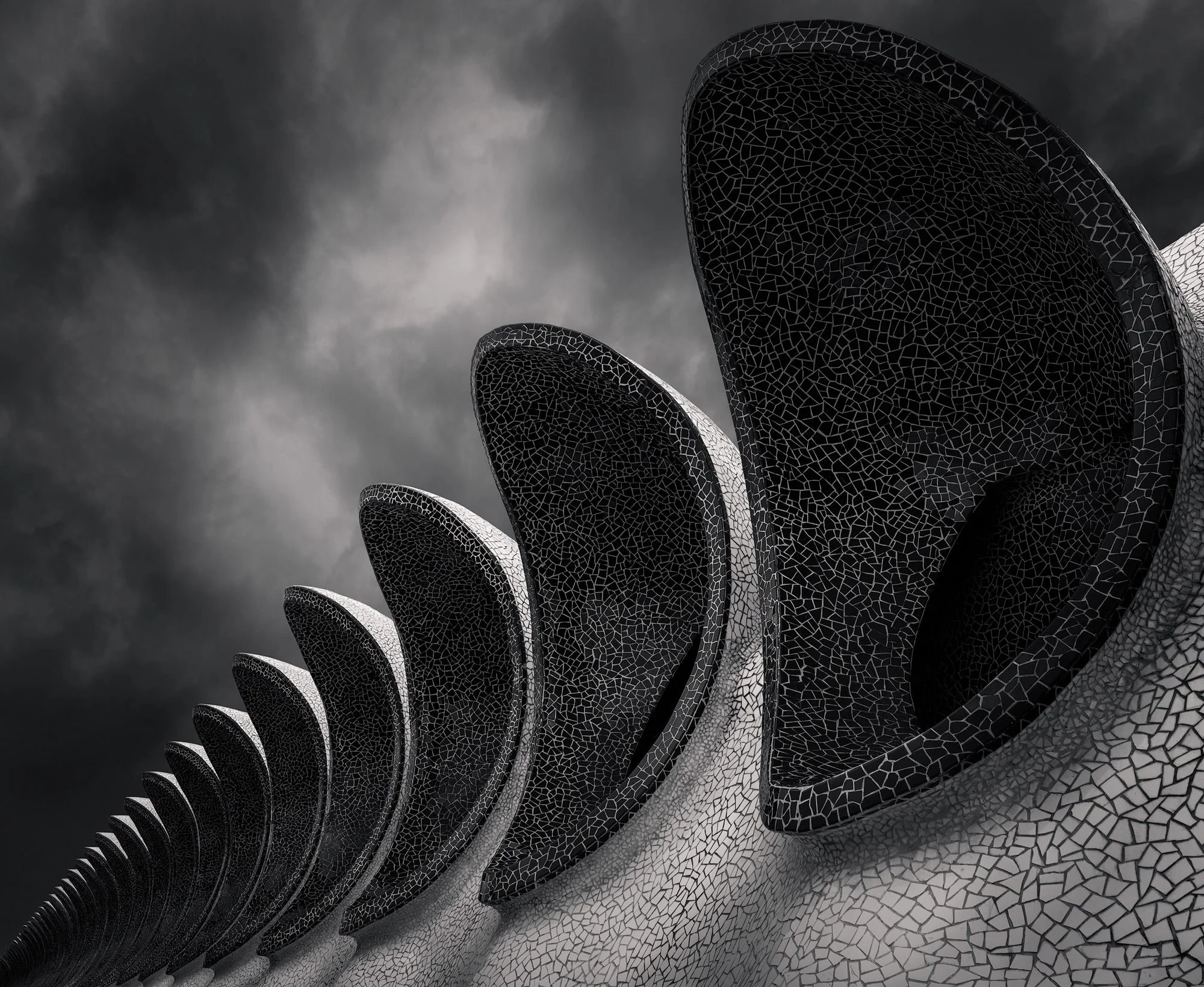 [architecture] [europe] [valencia] [blackandwhite] Calatrava's Valencia trencadís mosaic roofline B&W, cracked-ceramic semicircular fins sweeping in scale. Architectural Photography by Jim Scott.