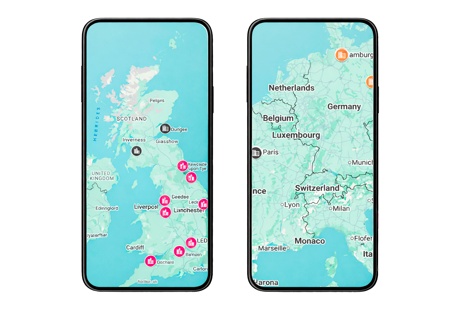 Two smartphones displaying maps of Europe. The left screen shows a detailed map of the United Kingdom with some locations marked with pink icons. The right screen shows a broader map of Europe highlighting countries like Belgium, Luxembourg, Netherlands, Germany, and Switzerland.