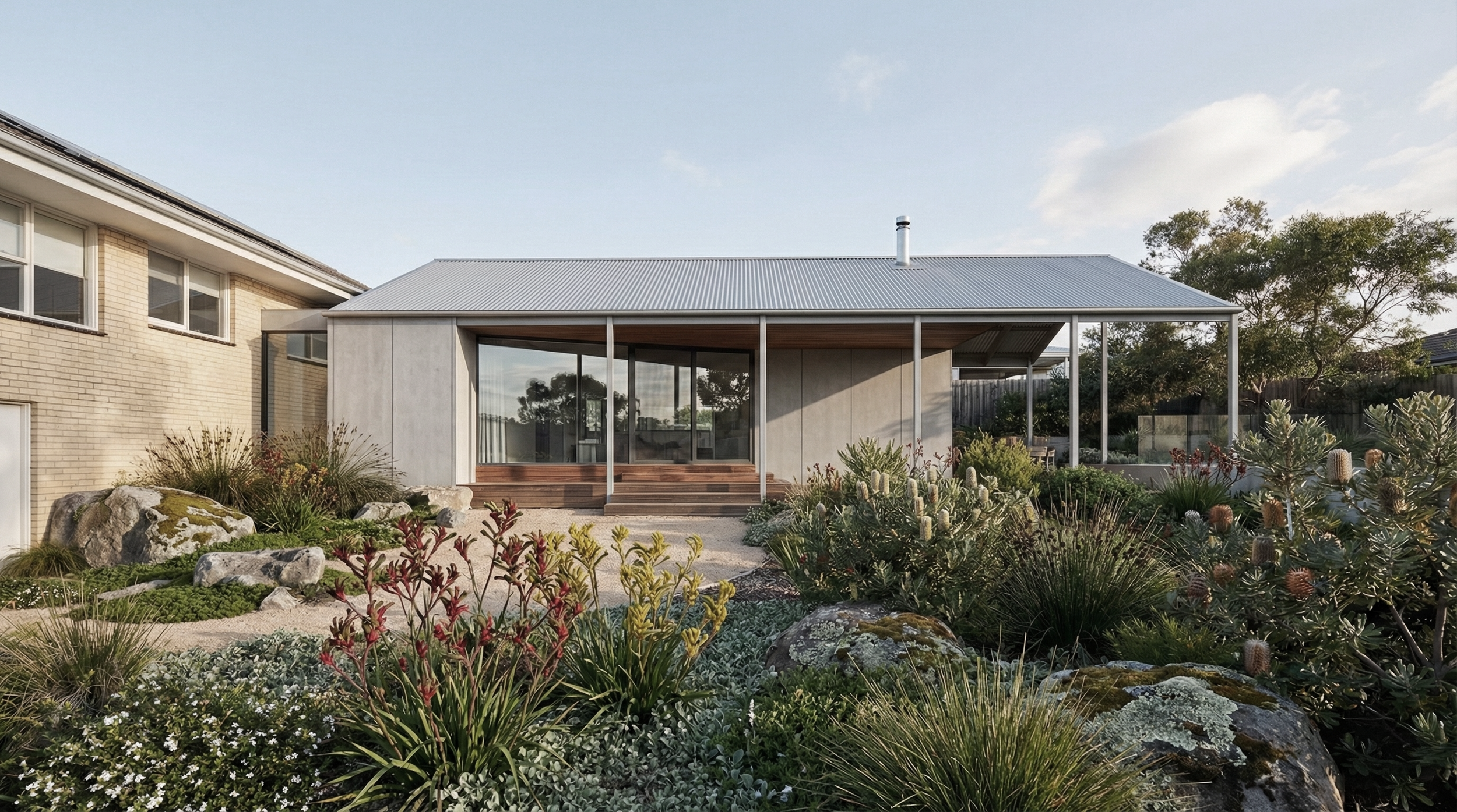 Modern extension in Ringwood, Melbourne, featuring floor-to-ceiling glass doors that seamlessly connect the living space to the landscaped rock garden. A context-driven design by Lane Architects that prioritizes natural light and site integration.