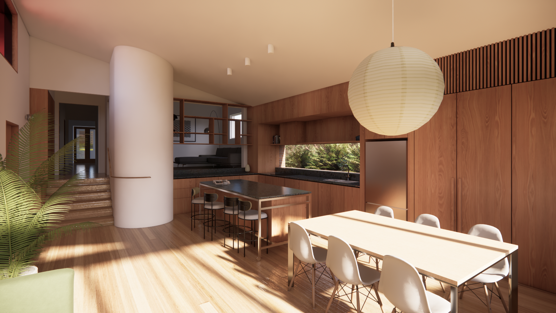 Open-plan kitchen and dining space within a Warrnambool heritage renovation. Features timber joinery and large windows framing the garden, creating a light-filled interior characteristic of our work in Port Fairy and the Great Ocean Road.