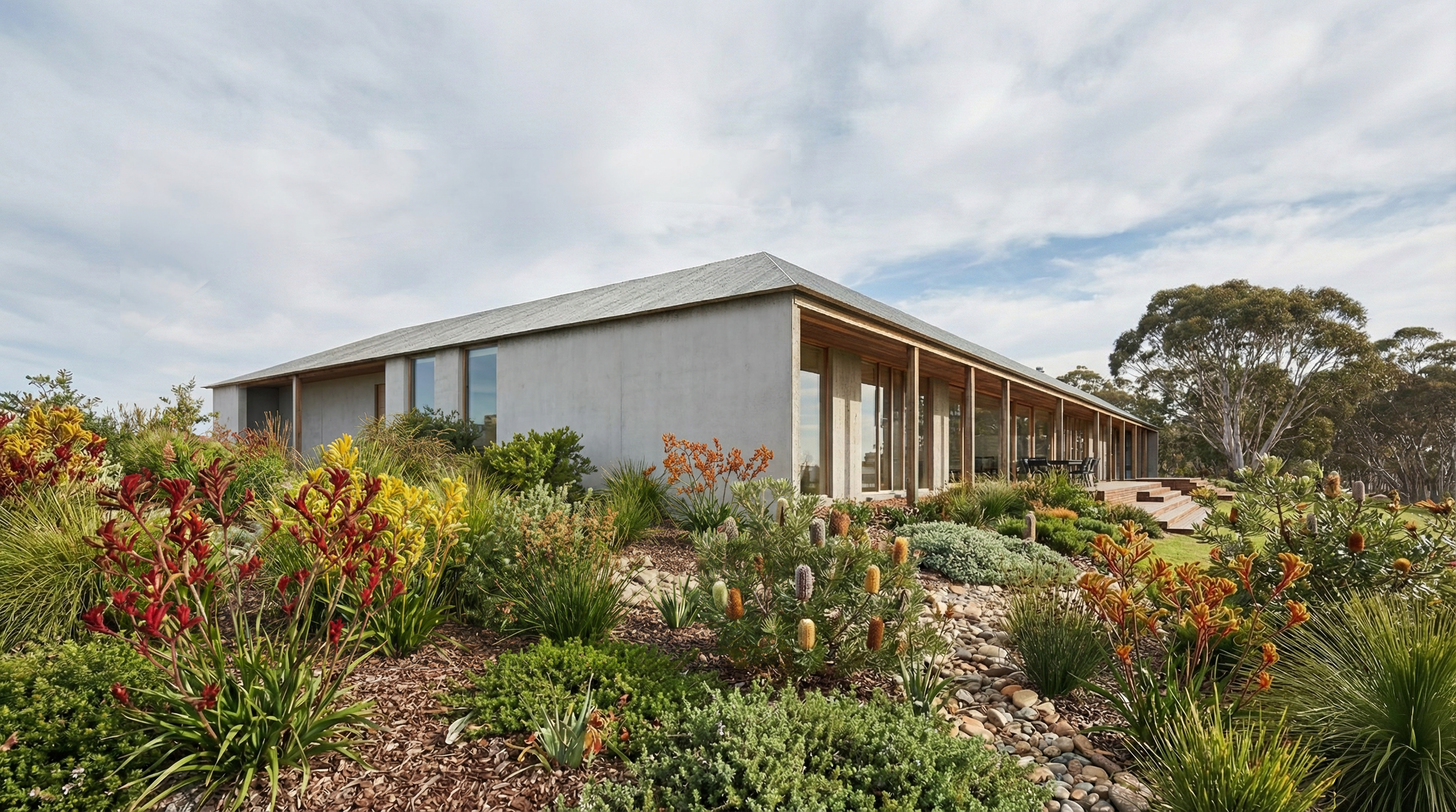 Native landscaping surrounding a sustainable Timboon home. The design connects indoor living with the rural environment, a signature of our work in Warrnambool and Port Fairy.