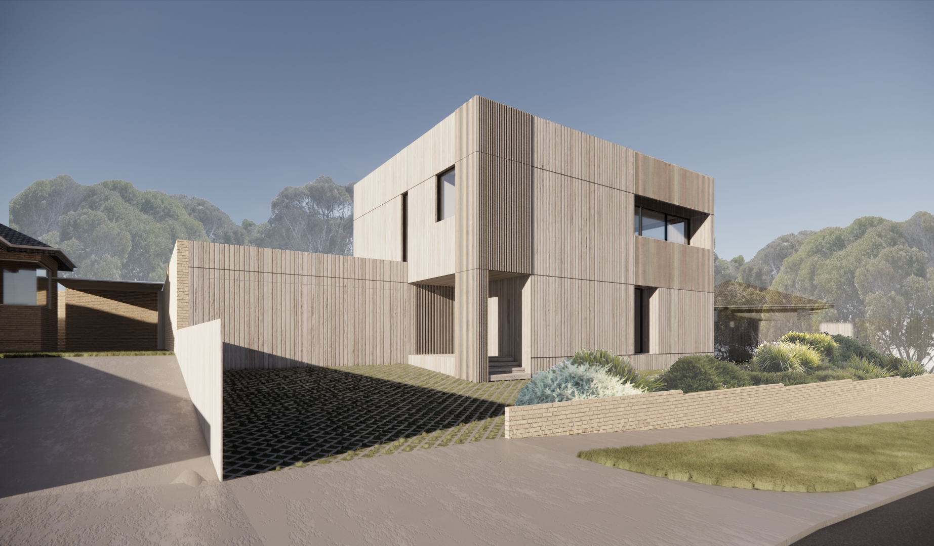 Exterior of Patricia Passivhaus in Warrnambool. A sustainable coastal home featuring timber cladding and triple-glazed windows, designed by Lane Architects for the Great Ocean Road climate.