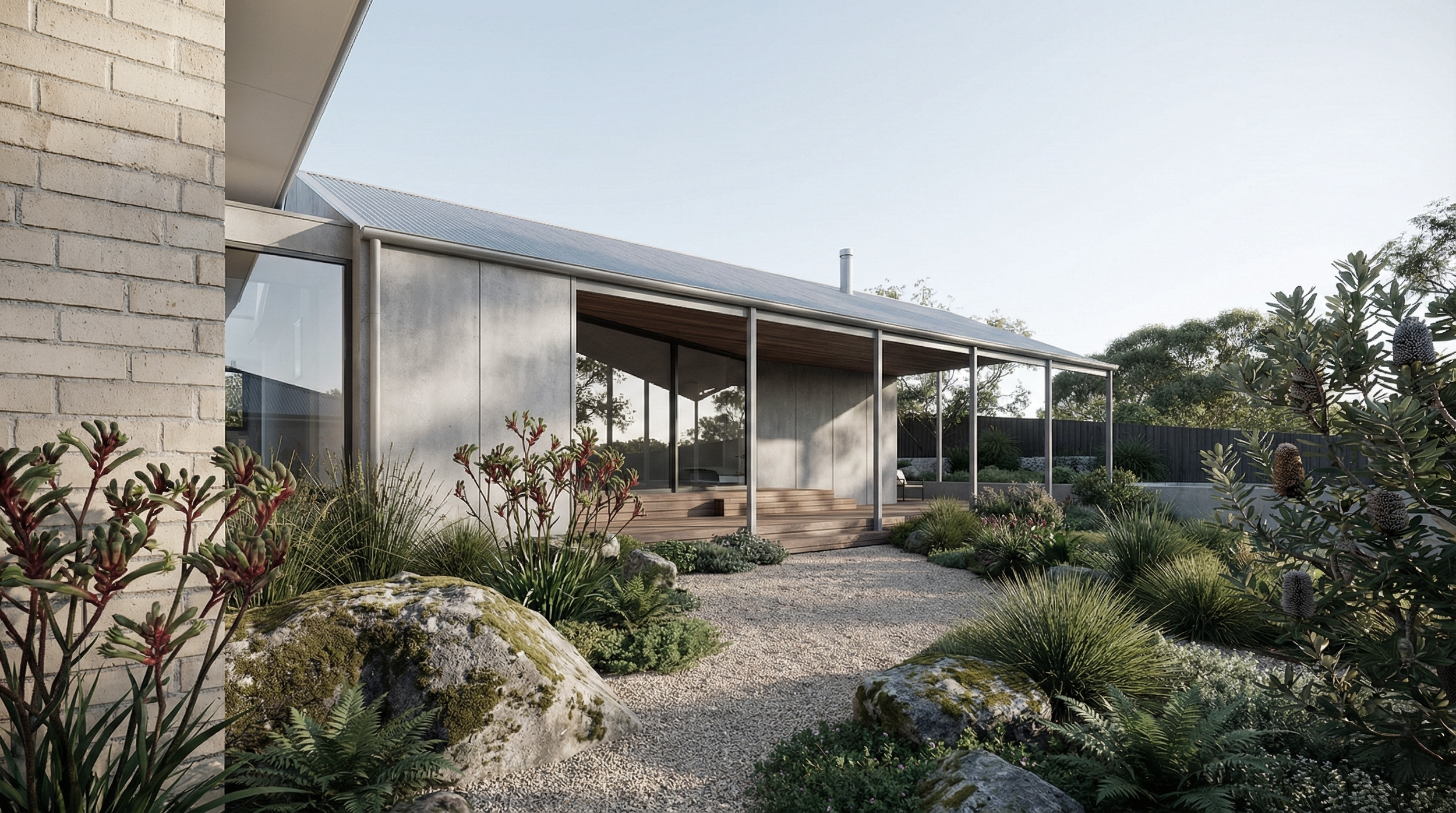 Modern house with large glass windows and wooden porch, surrounded by rocks and lush greenery.