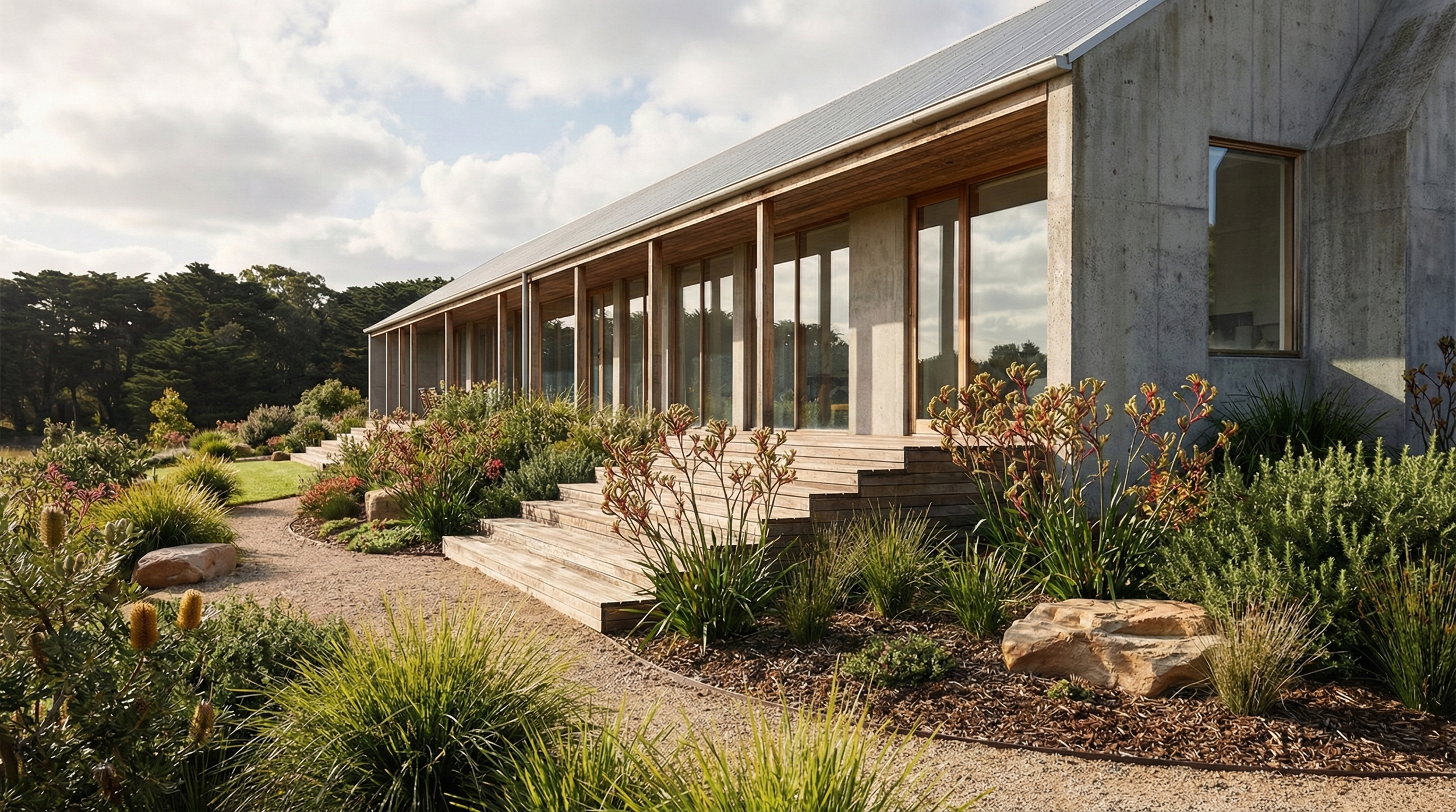 Modern house with large glass windows, concrete and wooden exterior, surrounded by a landscaped garden with various plants, bushes, and rocks, under a partly cloudy sky. Timboon architecture
