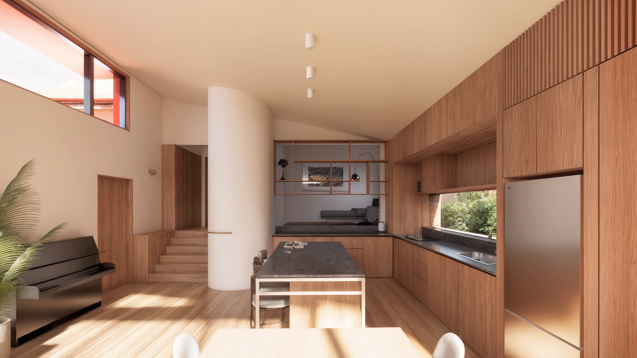 Port Fairy, Warrnambool, Great Ocean Road Architecture - Modern kitchen with wood cabinetry, a quartzite countertop island, stainless steel refrigerator, and a built-in sink. A window reveals greenery outside.