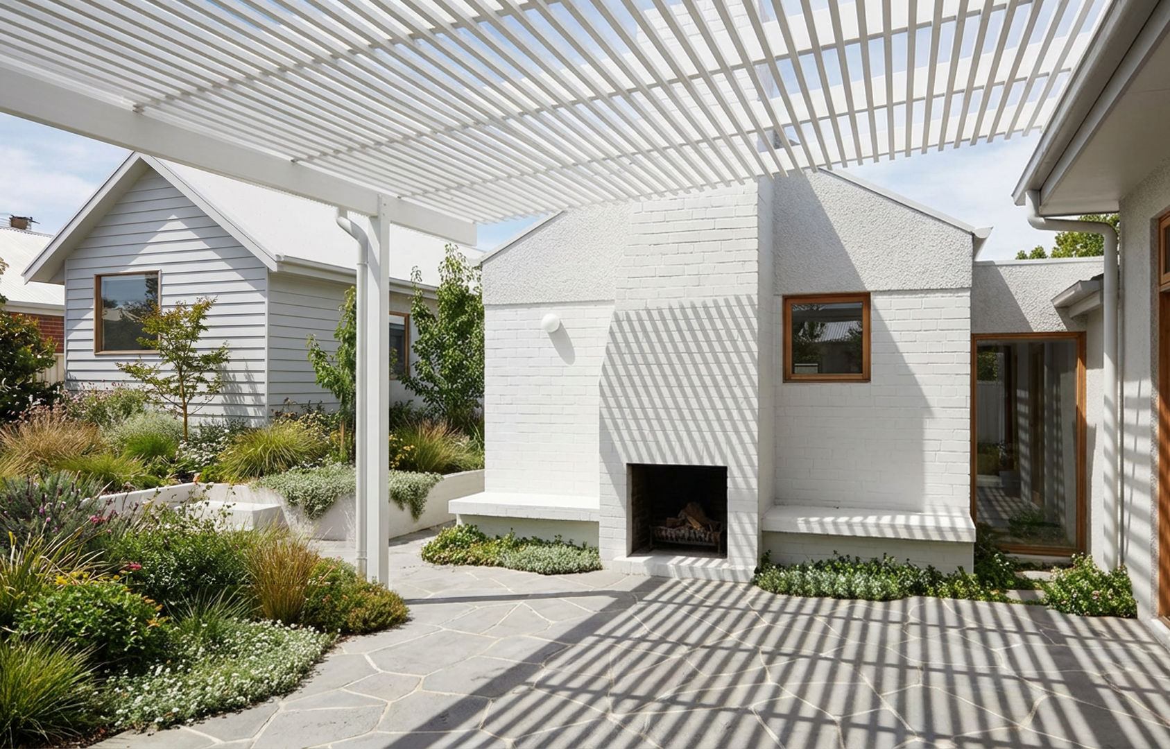 Garden studio addition in Warrnambool, showing a white pergola casting shadows on a paved courtyard and a white brick building with a fireplace, connected to the original weatherboard house.