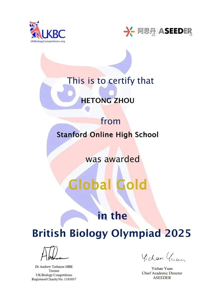Global Gold Award, British Biology Olympiad