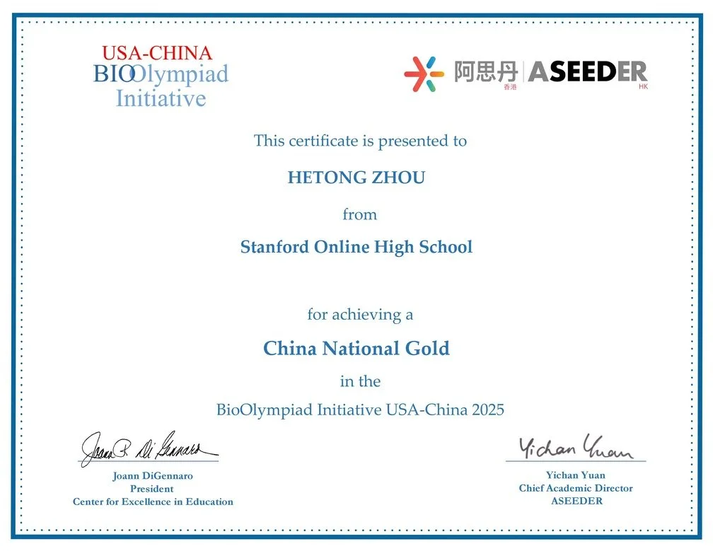 China National Gold Medal, Bio Olympiad Initiative USA–China