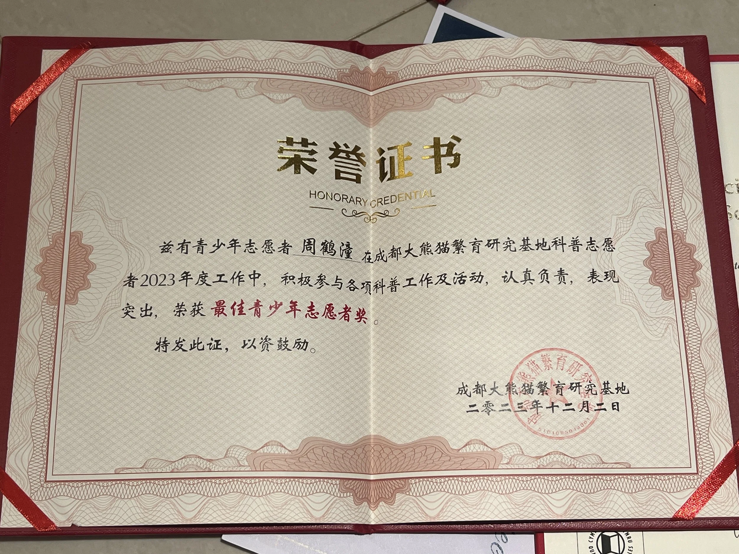 Internal Panda Base Award — 2023 Annual Best Youth Volunteer