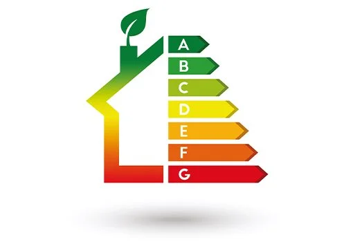 Energy efficiency rating chart with a green leaf on top, featuring labeled arrow bars from A (green) to G (red) in a descending order.