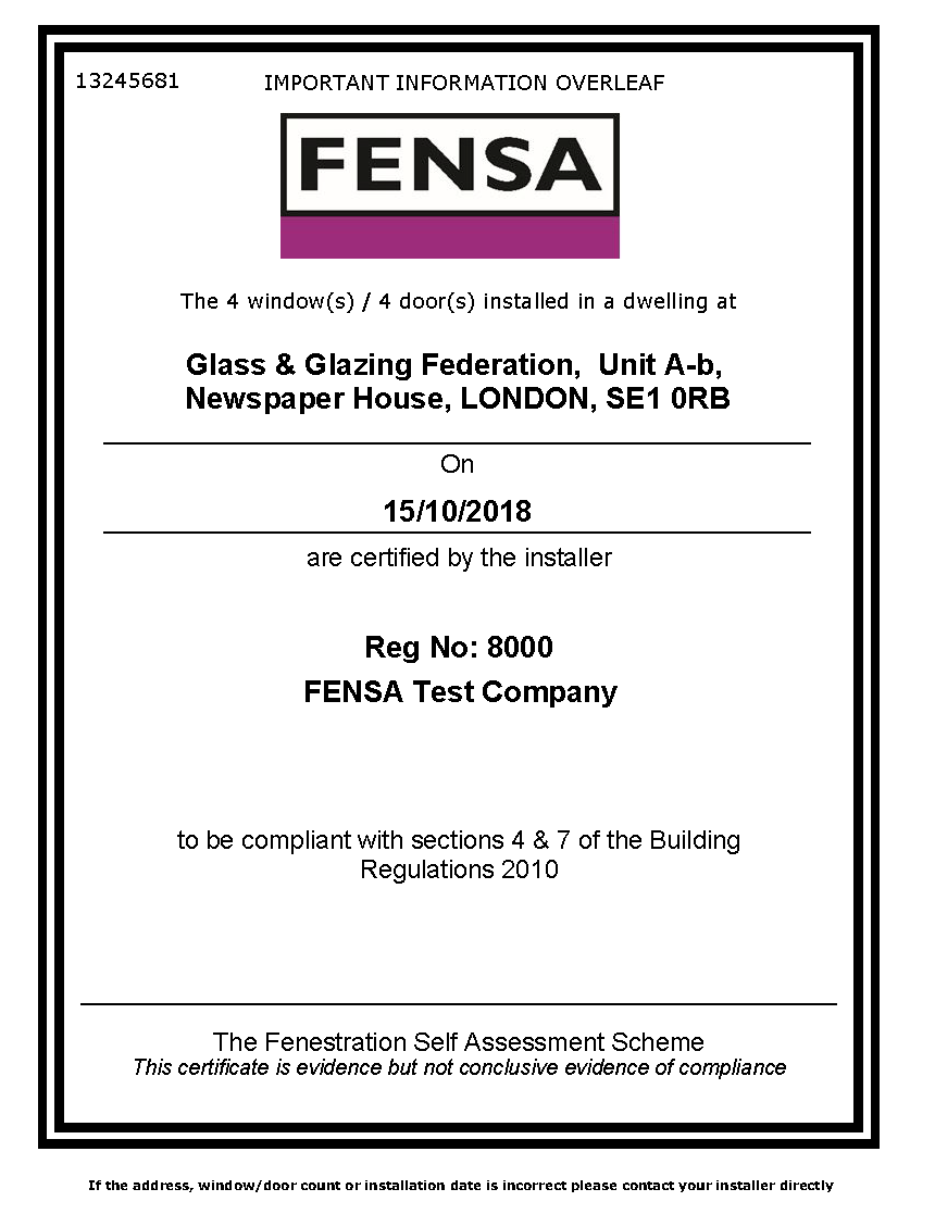FENSA Example Certificate