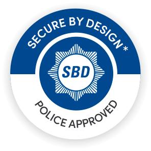 Circular sticker with blue and white colors reads "Secure by Design" and "Police Approved," with a central emblem featuring "SBD" inside a shield.