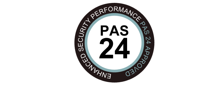 PAS 24 security performance badge with black outer ring and inner white circle, featuring black text.