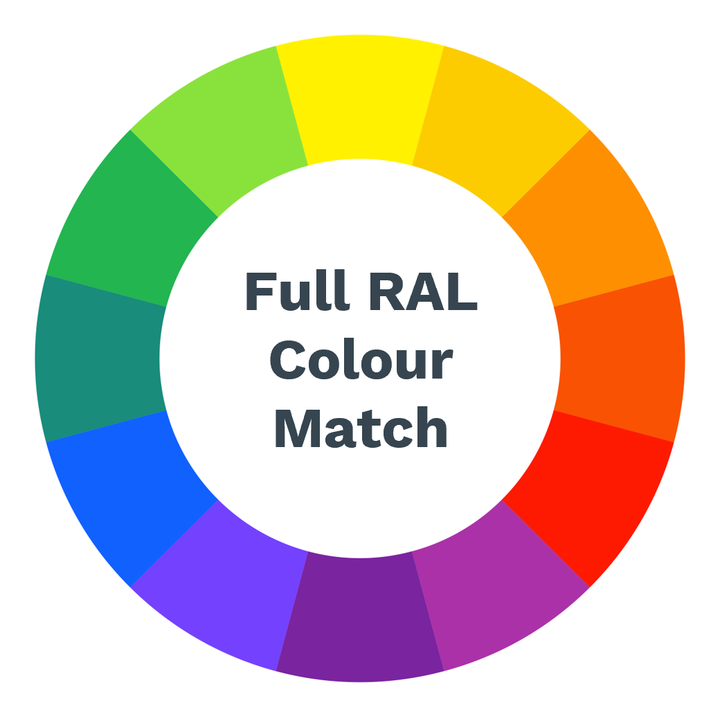 Color wheel displaying a full spectrum of rainbow colors with the text 'Full RAL Colour Match' in the center.