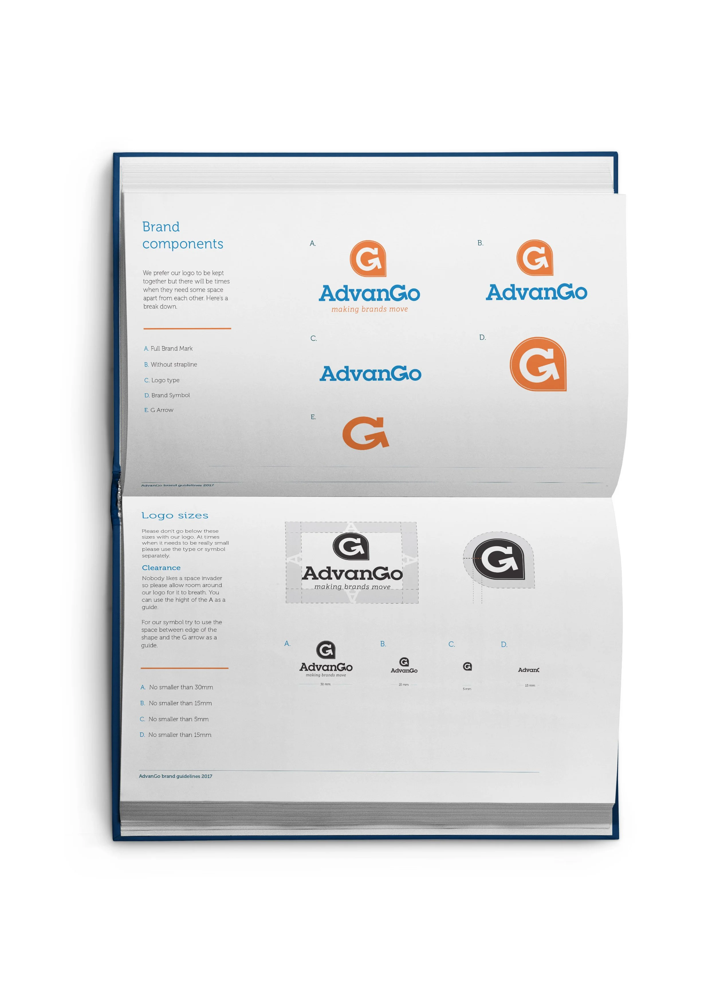 Brand guidelines booklet showing AdvanGo logos and specifications, including full brand marks, logo types, and symbol details.