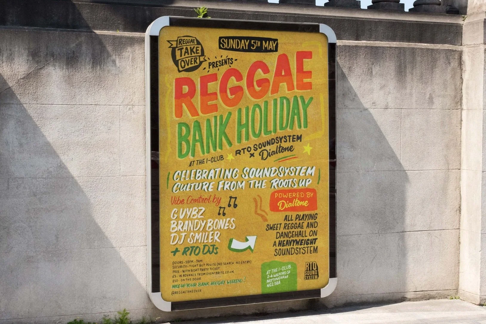 Outdoor poster promoting a Reggae Bank Holiday event on Sunday, 5th May, featuring soundsystem culture, various DJs, and genre highlights such as reggae and dancehall, located in Nottingham, powered by Dialtone.