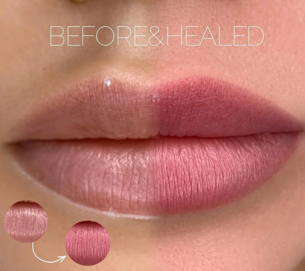 Before and healed lip blush tattoo, Sydney