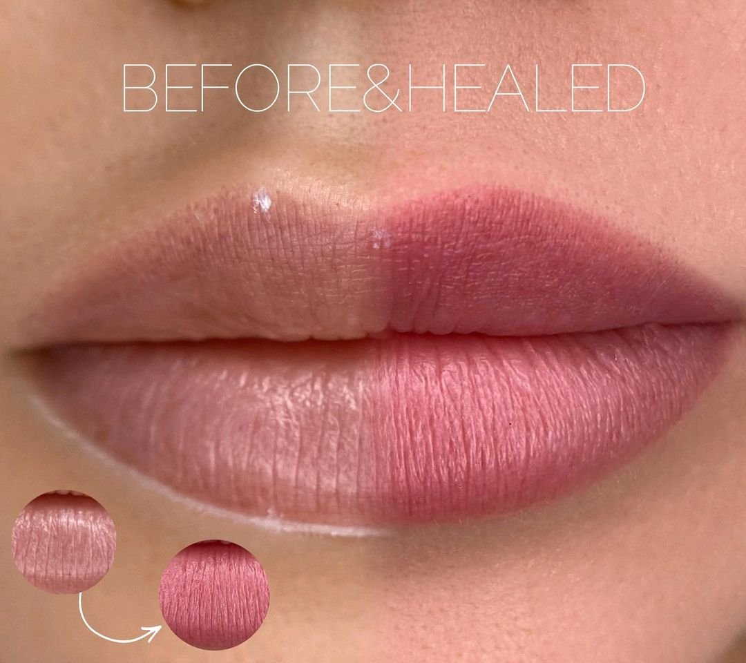 Before and healed lip blush tattoo by Tiarne Jaye Beauty