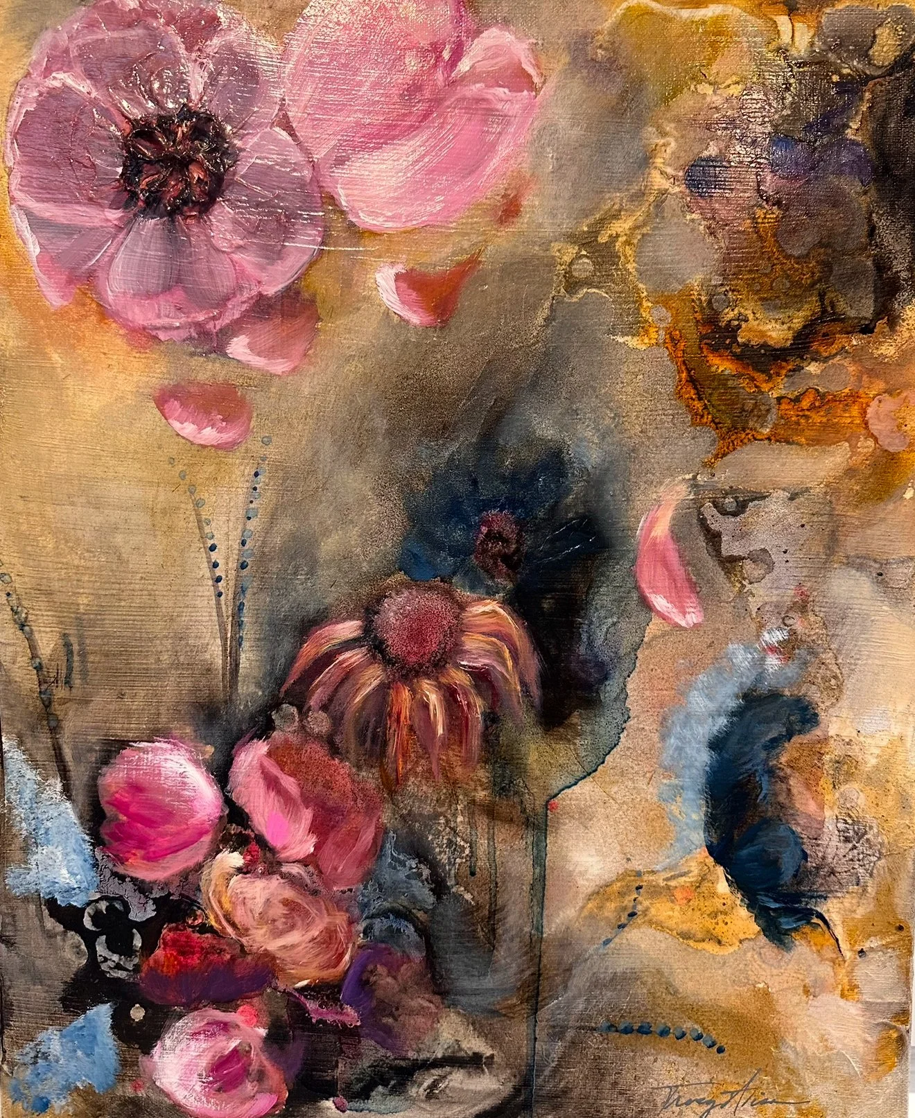 Muted Blooms – Original 16x20 Mixed Media Floral Oil Painting