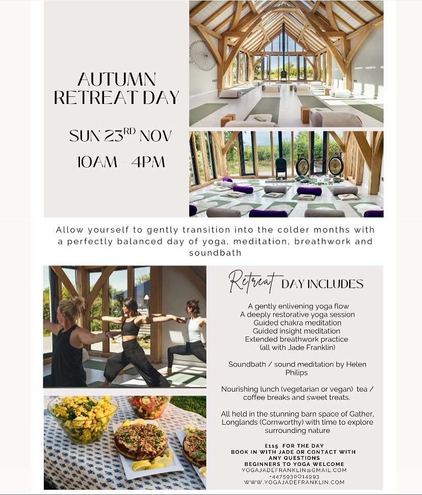 There are a few places left for the November Retreat Day! 🍂🧡🍁🔥🍄&zwj;🟫

This promises to be a deeply relaxing and restorative experience, with Jade @yogajadefranklin running a balanced programme of yoga, meditation, breathwork and an incredible 